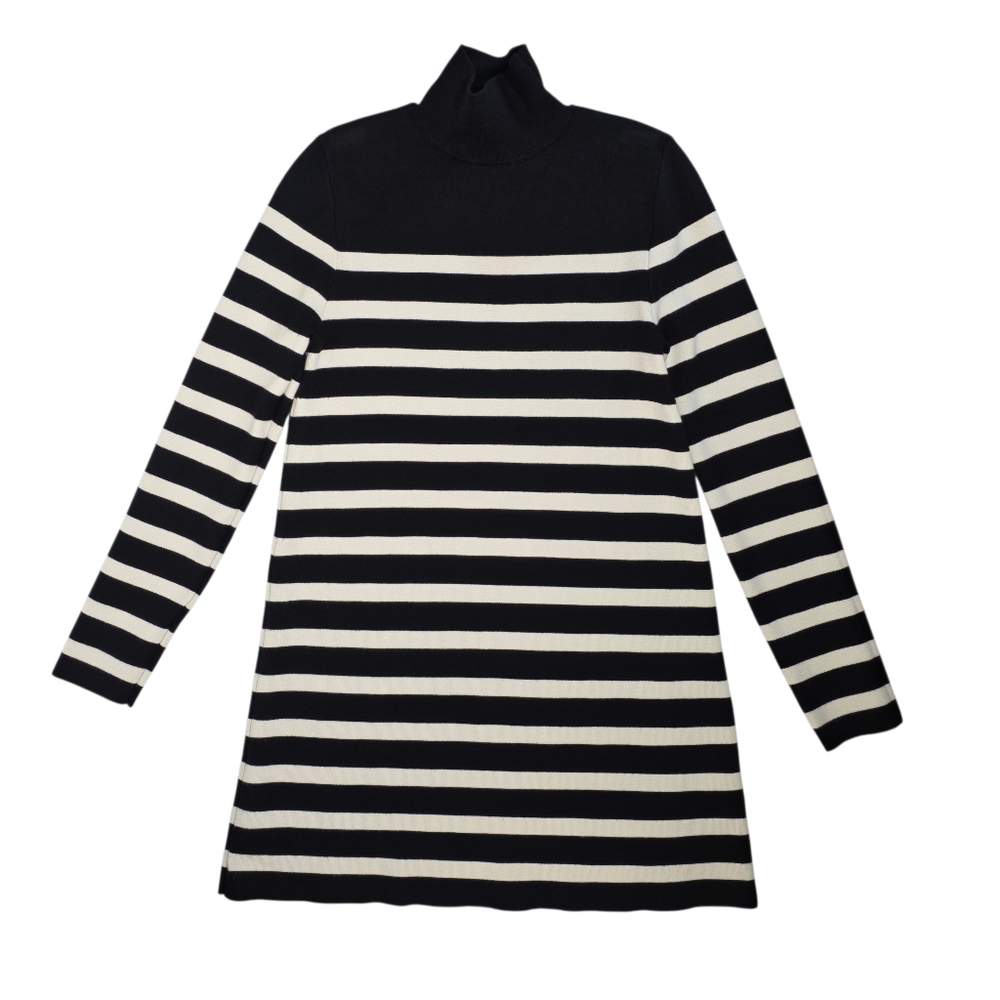 ZARA Sweater Dress Black White Stripe Knit Mini Long Sleeve Size L